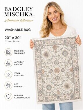 Badgley Mischka Soft Washable Rug 20x30 Blue Vintage Medallion Accent